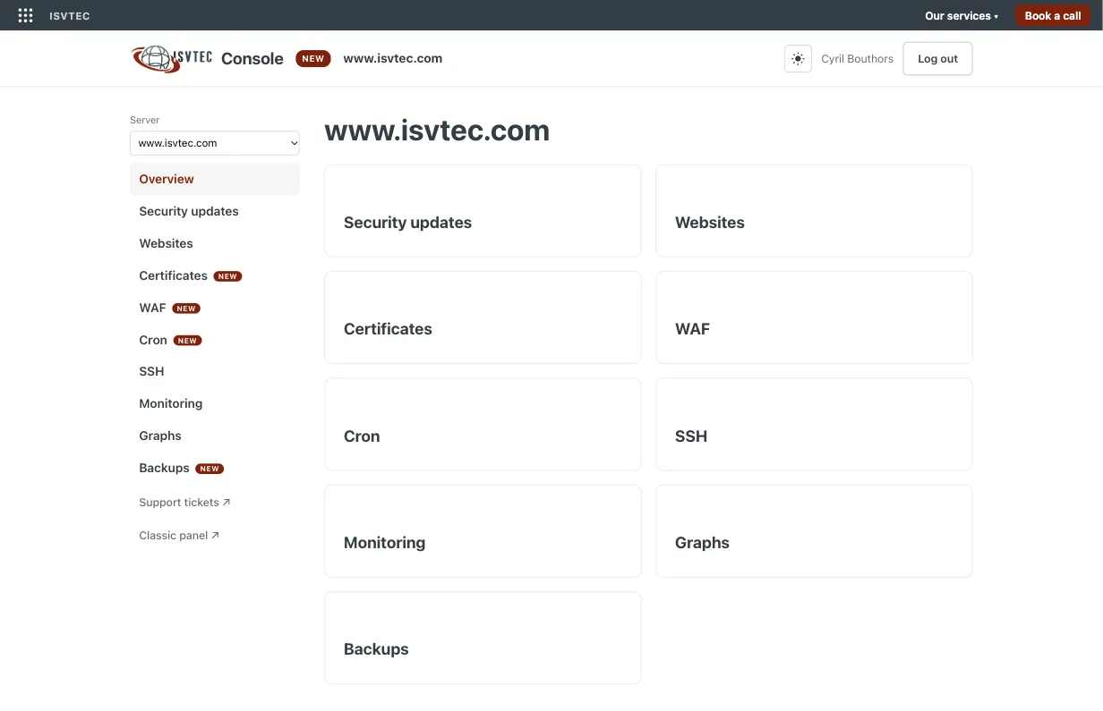 La Console ISVTEC : la page d'un serveur et ses sections